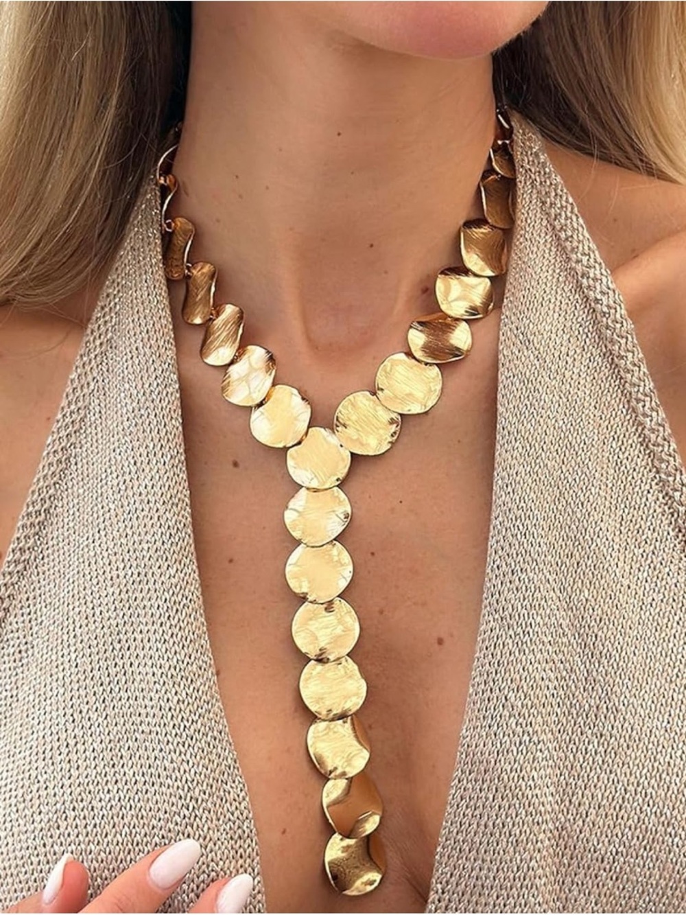 Textured Gold Disc Y-Drop Necklace